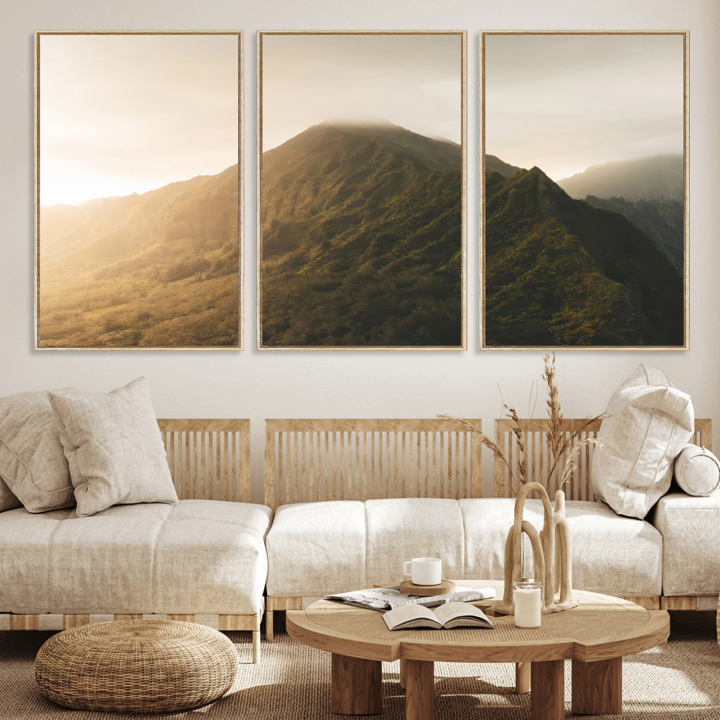 42338636-MGV-FC-60X30-3P_Natural-Mountain Wall Art – Framed Sunset Landscape Canvas Artwork, Serene Nature Design, Rustic Decor for Home, Office