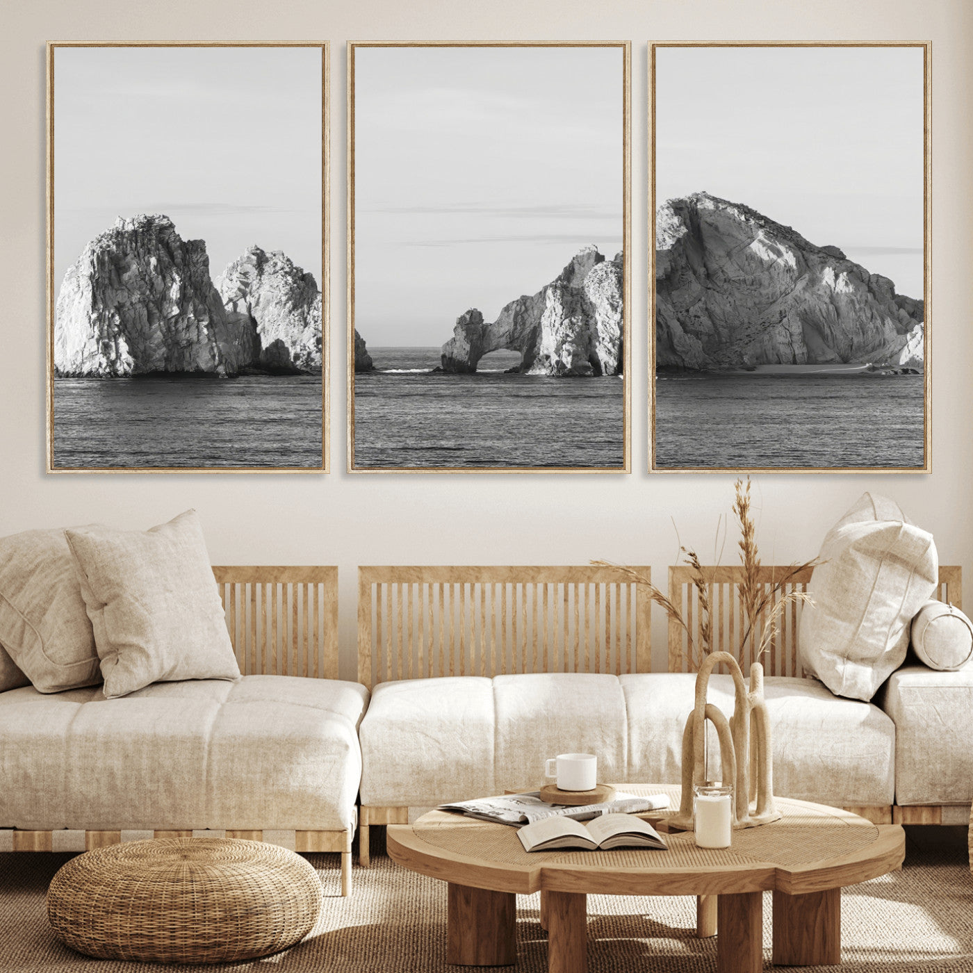 MGV-FC-60X30-3P - Rugged Coastline Wall Art Canvas Print, Framed Ocean Cliffs Art Picture Print, Monochrome Seascape Perfect Coastal Minimalist Decor Artwork