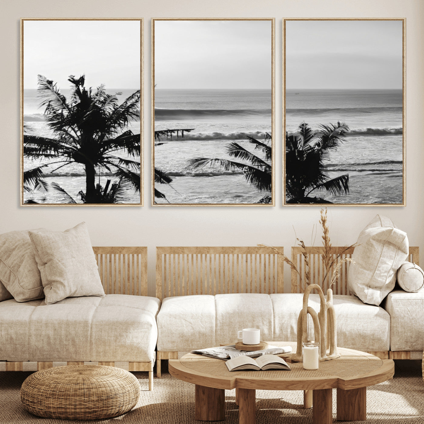 17508038-MGV-FC-60X30-3P_Natural-Tropical Coastline Wall Art Canvas Print – Framed Palm Trees Scene with Ocean Waves Artwork for Home, Office