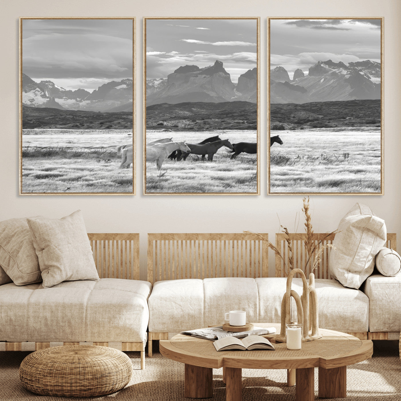 MGV-FC-60X30-3P - Wild Horses Wall Art Canvas Print, Framed Black White Mountains Art Picture Print, Rustic Countryside Perfect Rustic Western Decor Artwork