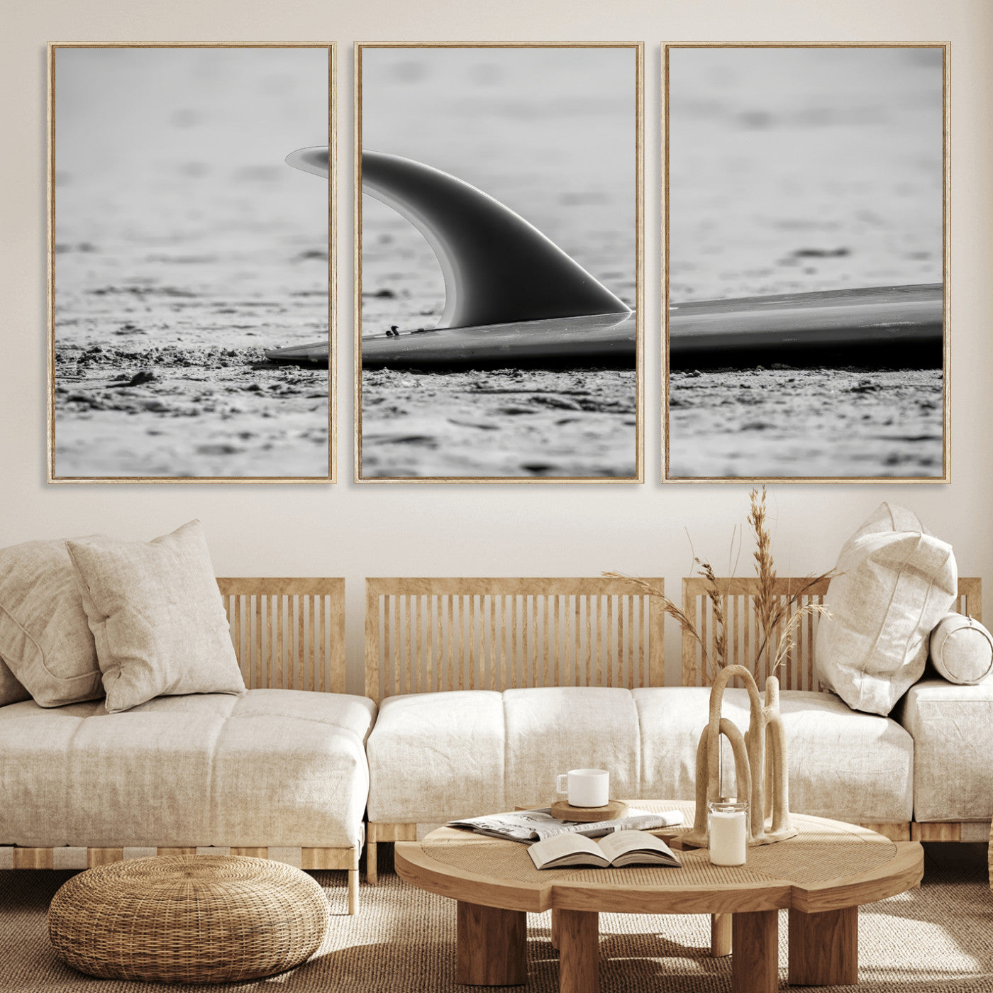 MGV-FC-60X30-3P - Black White Surfboard Wall Art Canvas Print, Framed Minimalist Beach Art Picture Print, Surf Fin Perfect Minimalist Coastal Decor Artwork