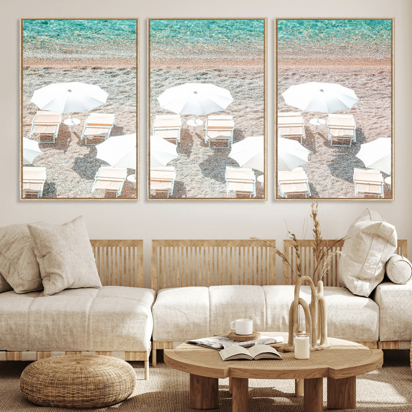 MGV-FC-60X30-3P - Calm Beach Wall Art Canvas Print, Framed Turquoise Water Art Picture Print, Umbrella Shoreline Perfect Coastal Minimalist Decor Artwork