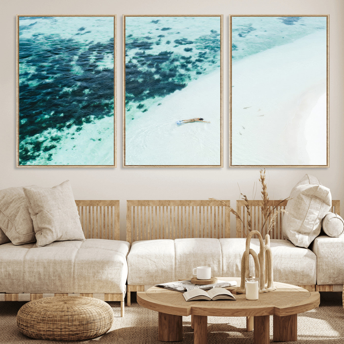 MGV-FC-60X30-3P - Minimal Beach Wall Art Canvas Print, Framed Ocean Swimming Art Picture Print, Clear Ocean Perfect Minimal Coastal Decor Artwork