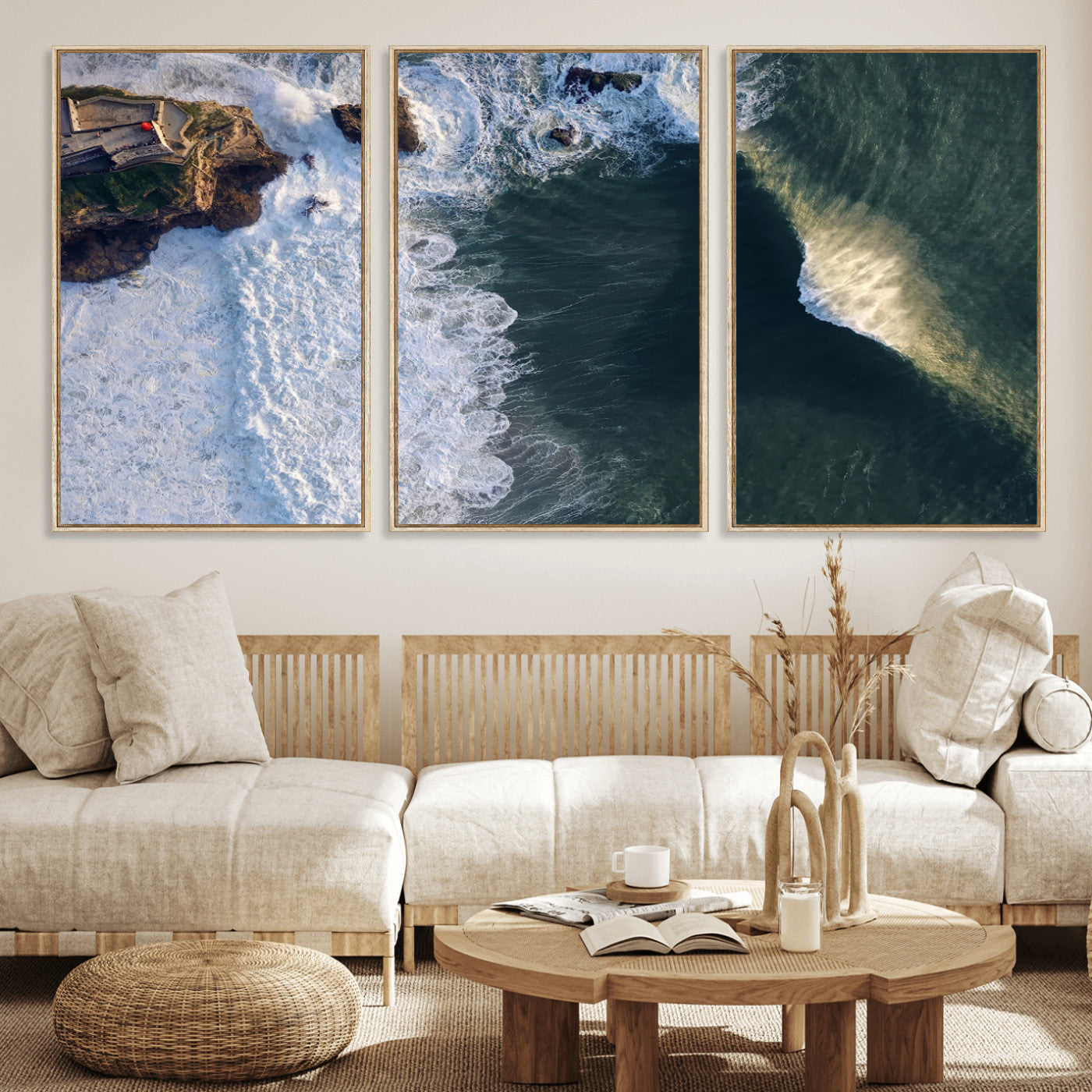 MGV-FC-60X30-3P - Nazaré Coast Wall Art Canvas Print, Framed Aerial Ocean Art Picture Print, Coastal Fortress Perfect Dramatic Coastal Decor Artwork