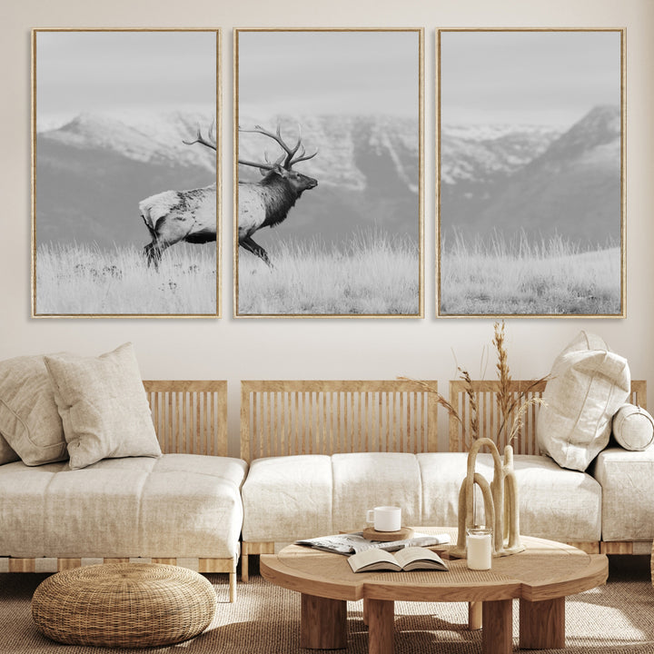 Rustic Elk Wall Art Canvas Print, Wildlife Antler Print, Framed Western Hunting Lodge Art Print, Large Mountain Nature Scene Printing Perfect for Japanese Decor