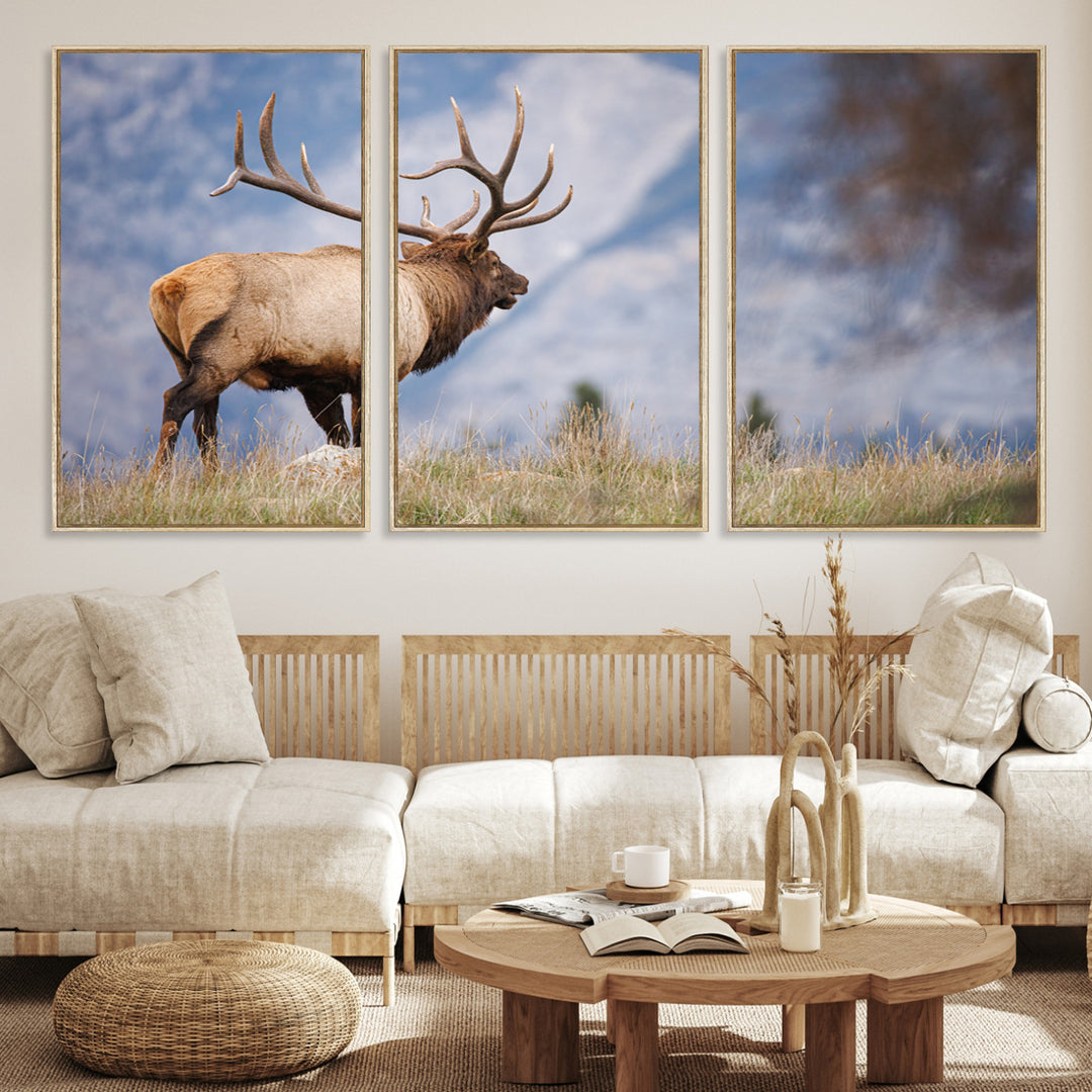 Rustic Elk Wall Art Canvas Print, Wildlife Antler Print, Framed Western Hunting Lodge Art Print