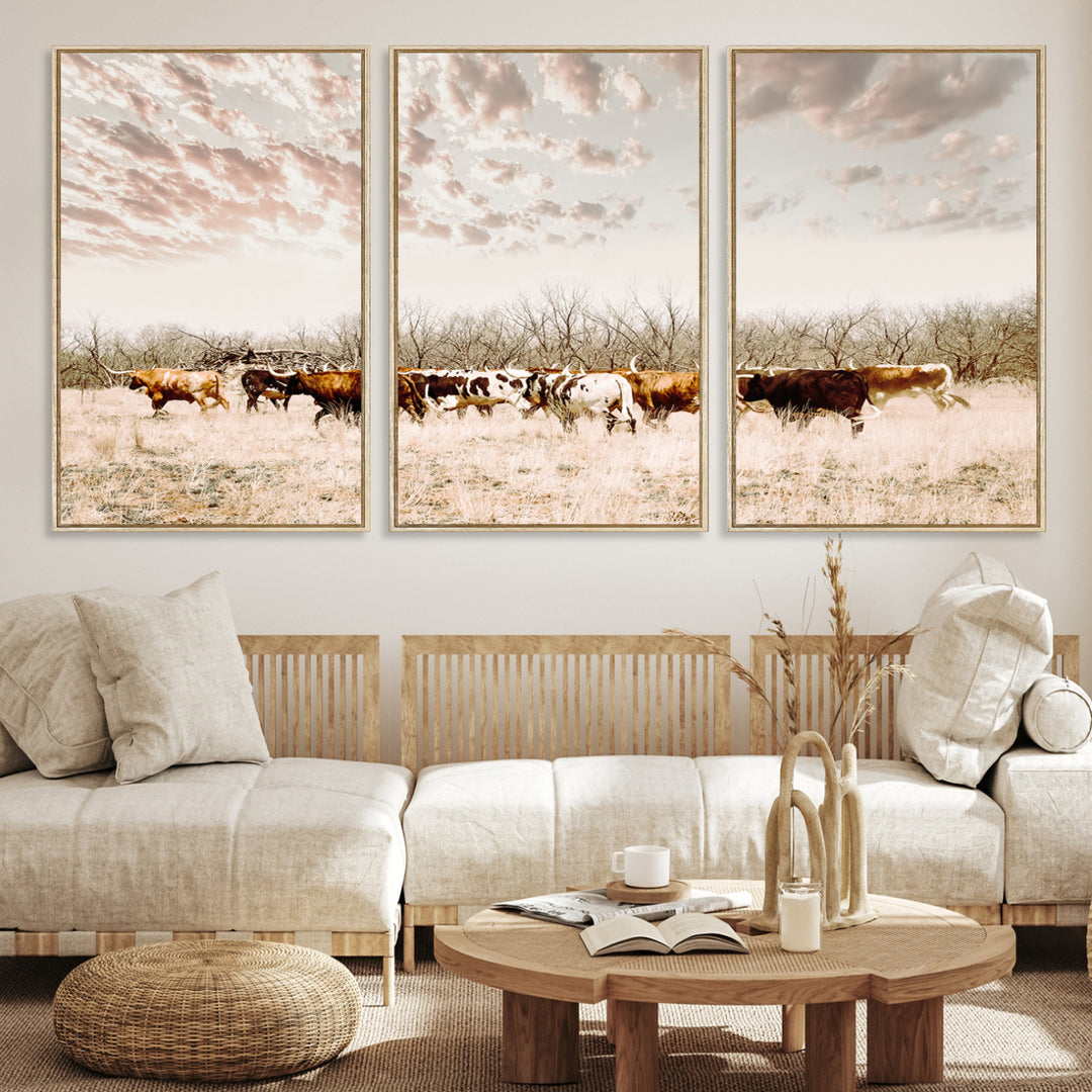 Longhorn Cattle Wall Art Canvas Print, Texas Ranch Print, Framed Western Cow Art Print, Large Prairie Landscape Printing Perfect for Western Decor