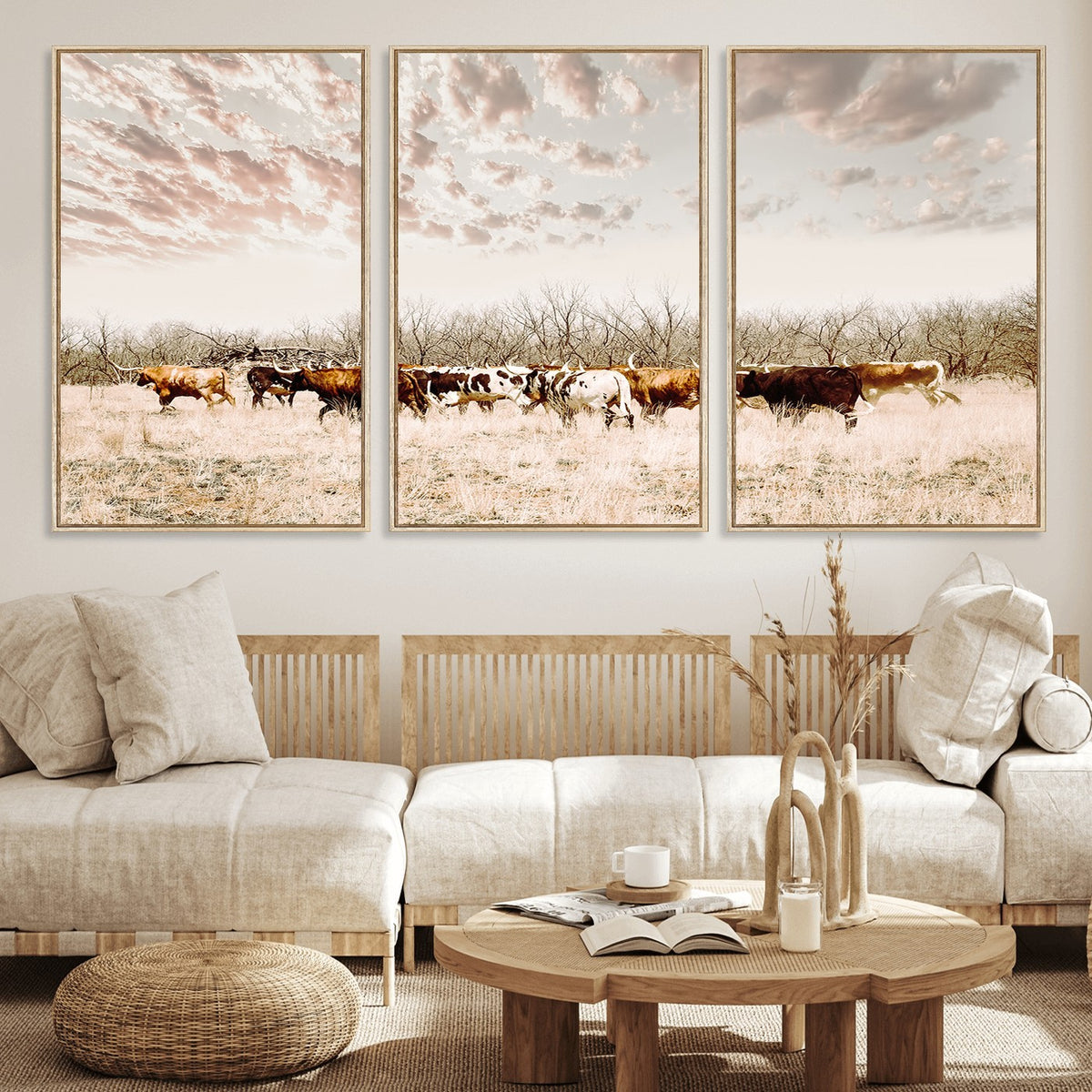 64892775-MGV-CV-24X16 - Longhorn Cattle Wall Art Canvas Print, Framed Texas Ranch Art, Western Cow Print, Prairie Landscape Decor
