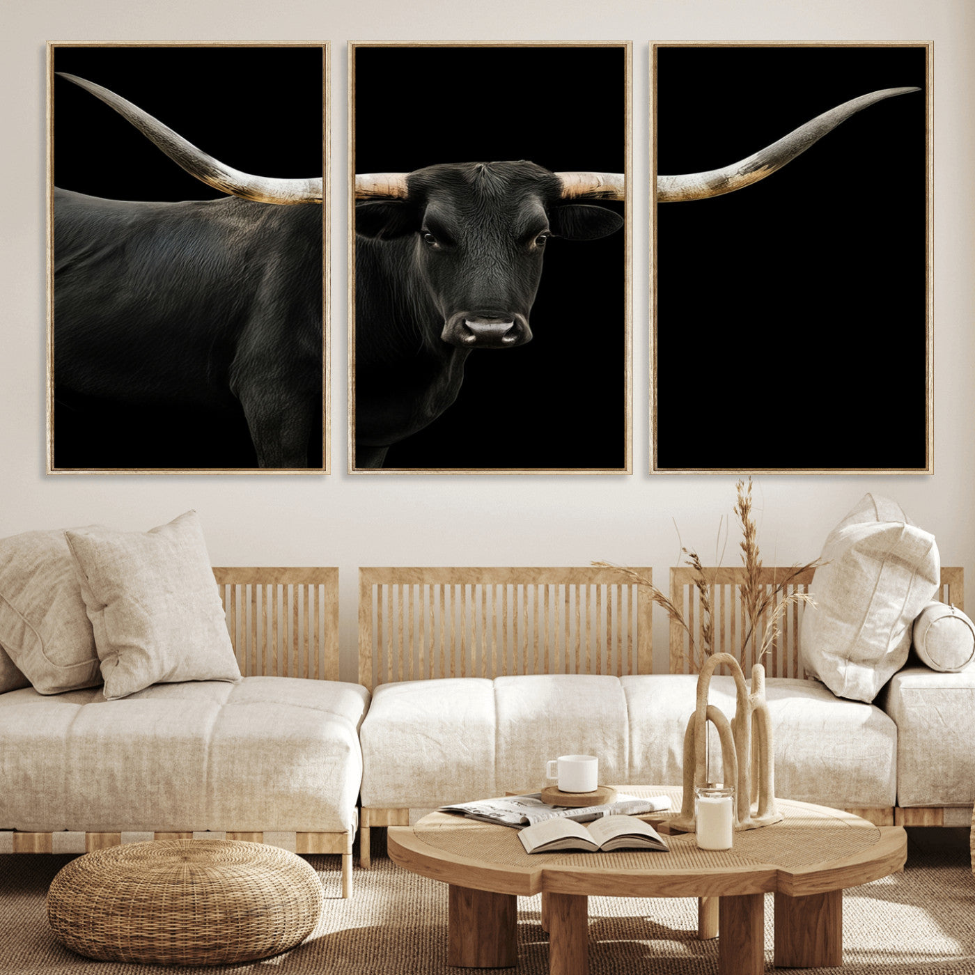 MGV-FC-60X30-3P - Longhorn Cattle Wall Art Canvas Print, Framed Texas Ranch Art Picture Print, Western Cow Perfect Farmhouse Decor Artwork