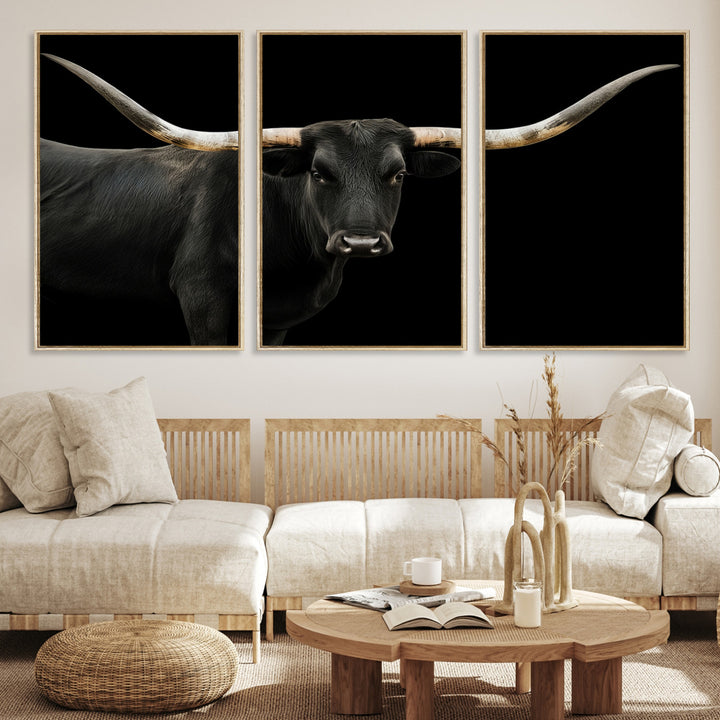 Black White Longhorn Bull Wall Art Canvas Print, Texas Ranch Print, Framed Western Cow Art Print for Farmhouse Decor - Longhorn Print