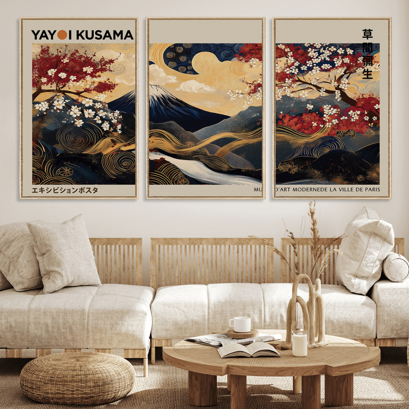 MGV-FC-60X30-3P - Modern Japanese Wall Art, Yayoi Kusama Japanese Print Wall Art, Abstract Mount Fuji Canvas Print,