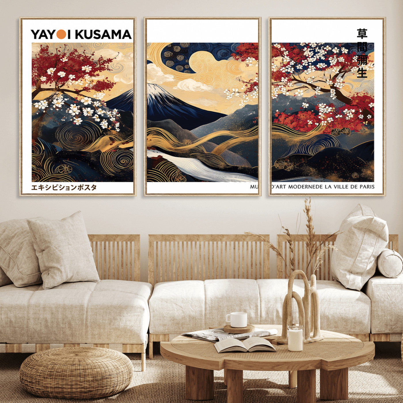 MGV-FC-60X30-3P - Modern Mount Fuji Print, Yayoi Kusama Canvas Wall Art, Abstract Mount Fuji Canvas Print, Japanese