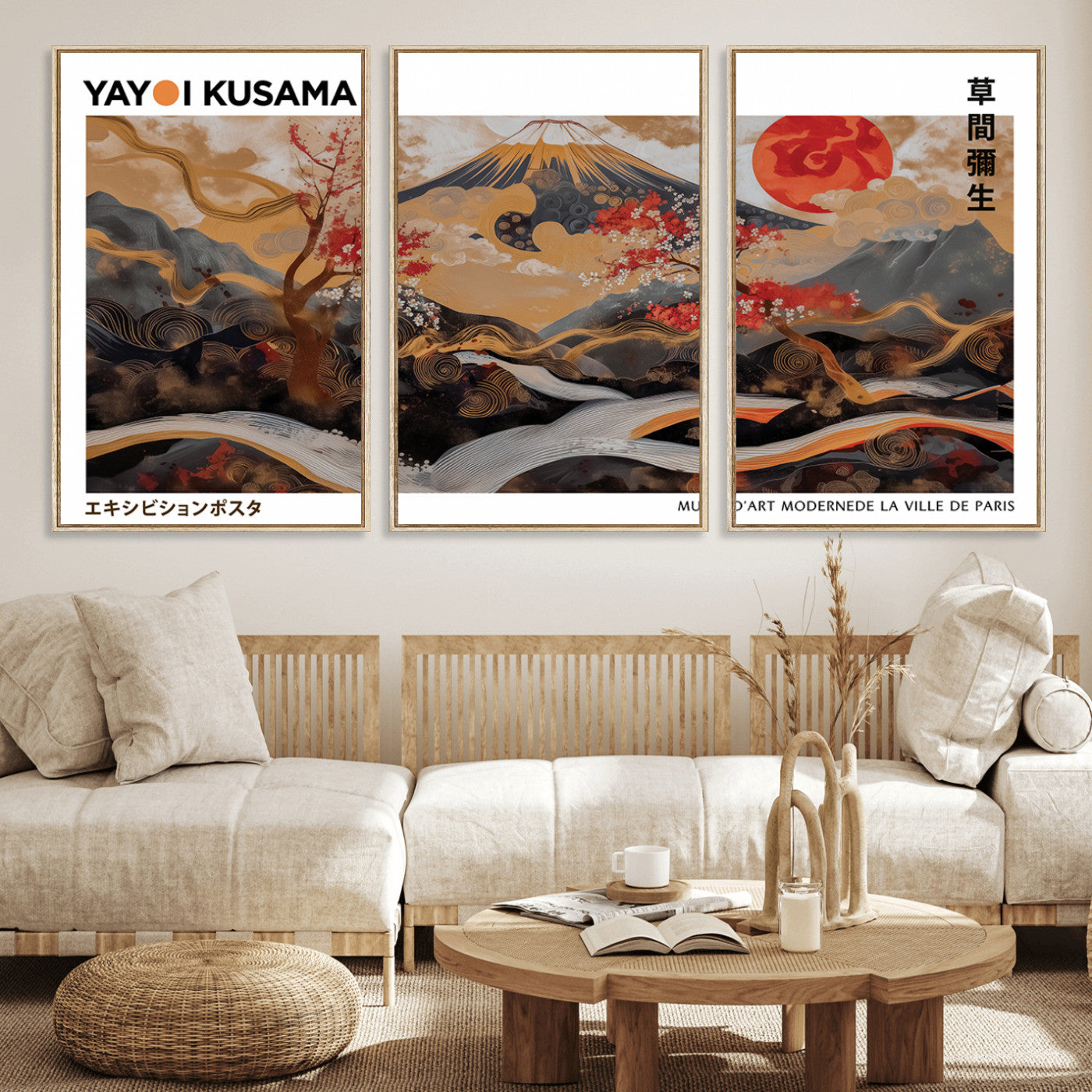 MGV-FC-60X30-3P - Mount Fuji Wall Art Print, Yayoi Kusama Canvas Wall Art, Abstract Mount Fuji Canvas Print, Japanese
