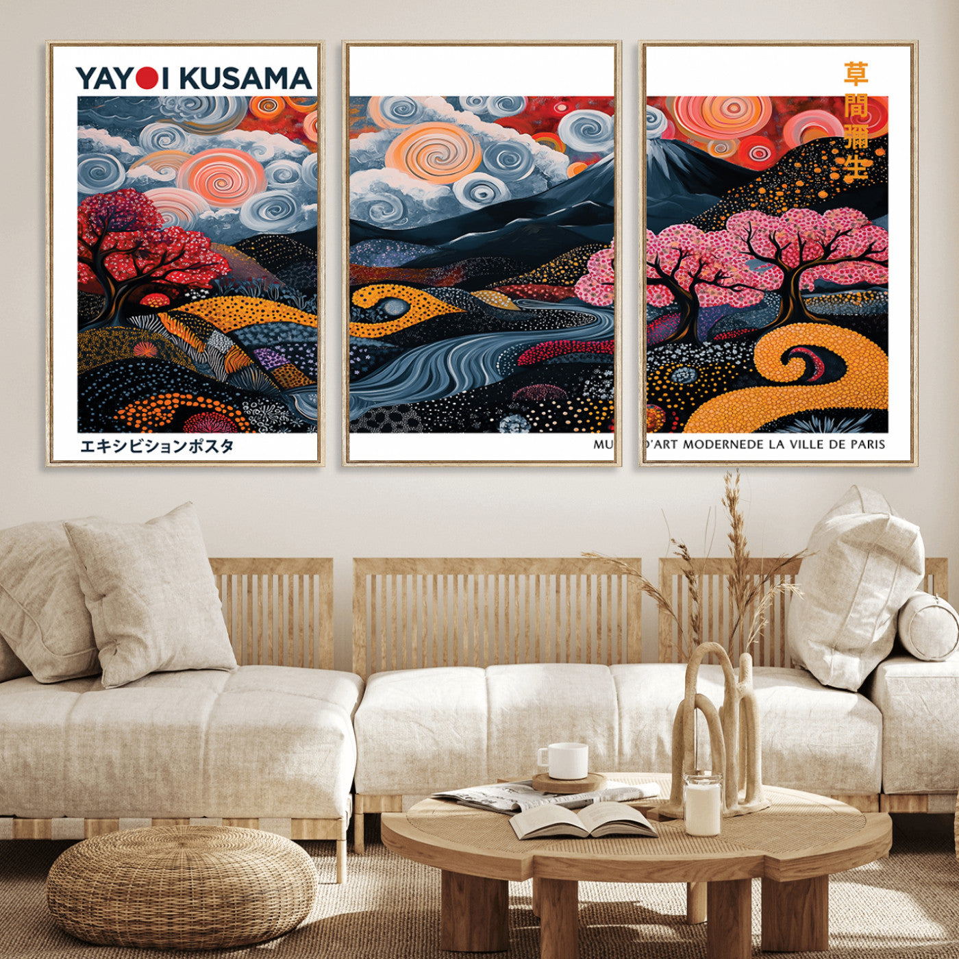 MGV-FC-60X30-3P - Modern Japanese Wall Art Print Yayoi Kusama Canvas Wall Art Abstract Mount Fuji Canvas Print