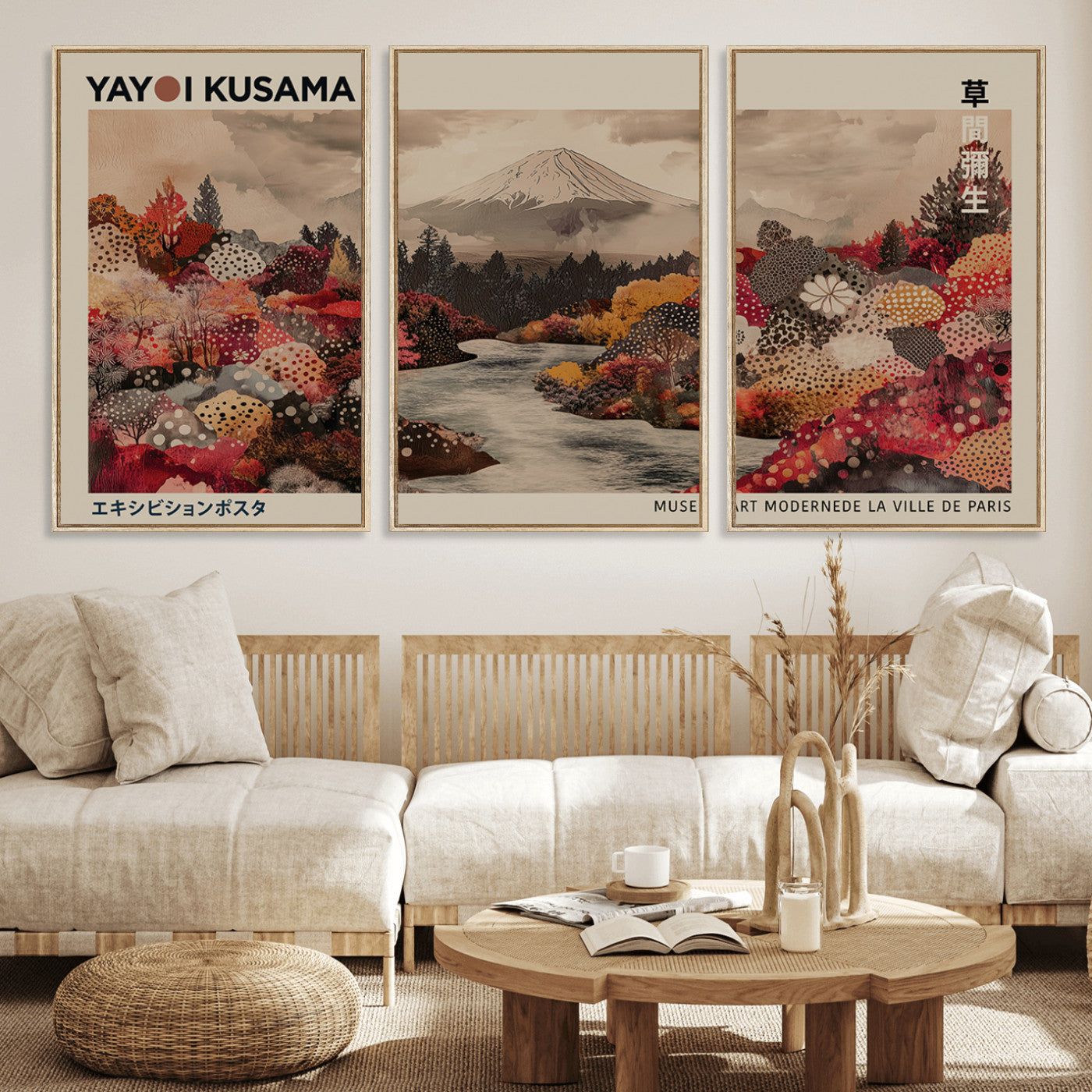 MGV-FC-60X30-3P - Modern Japanese Wall Art Print Yayoi Kusama Canvas Wall Art Abstract Mount Fuji Canvas Print