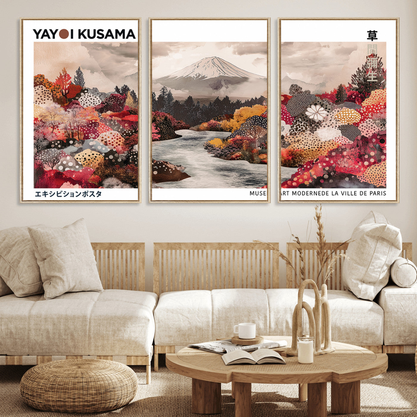 MGV-FC-60X30-3P - Modern Japanese Wall Art Print, Yayoi Kusama Canvas Wall Art, Abstract Mount Fuji Art Canvas Print,