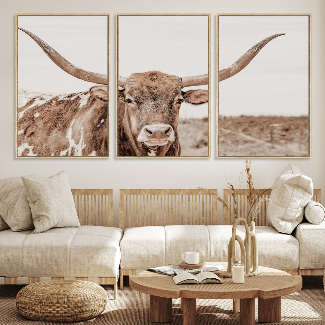 Longhorn Bull Photo Wall Art Canvas Print, Framed Rustic Cow Art Picture Print, Neutral Farmhouse Perfect Rustic Neutral Farmhouse Decor