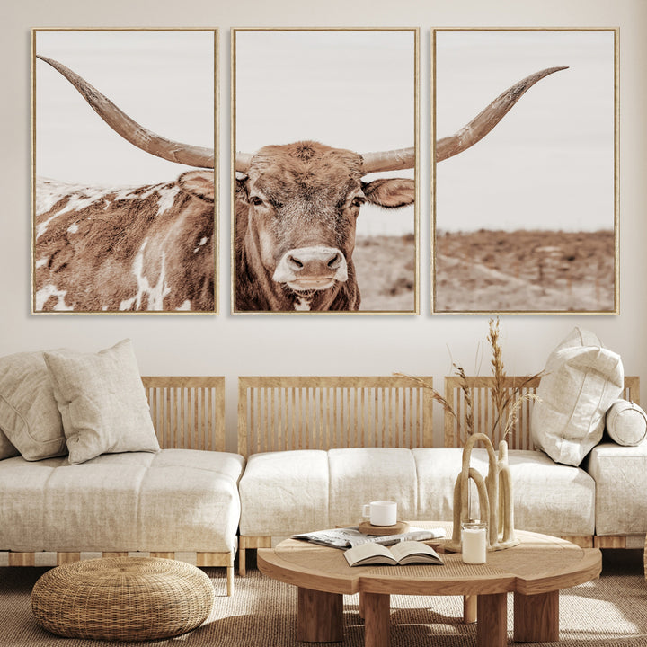 Longhorn Bull Photo Wall Art Canvas Print, Framed Rustic Cow Art Picture Print, Neutral Farmhouse Perfect Rustic Neutral Farmhouse Decor