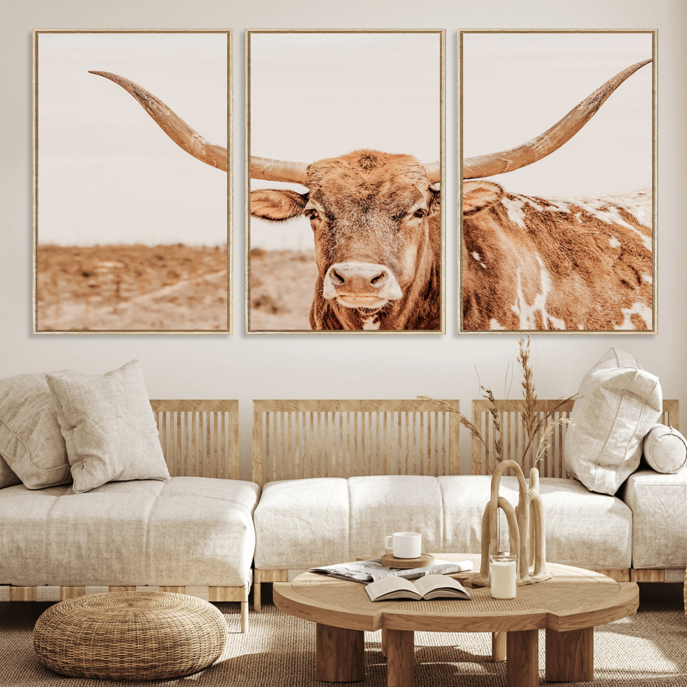 MGV-FC-60X30-3P - Longhorn Bull Wall Art Canvas Print, Framed Western Cow Art Picture Print, Rustic Farmhouse Perfect Neutral Farmhouse Decor Artwork