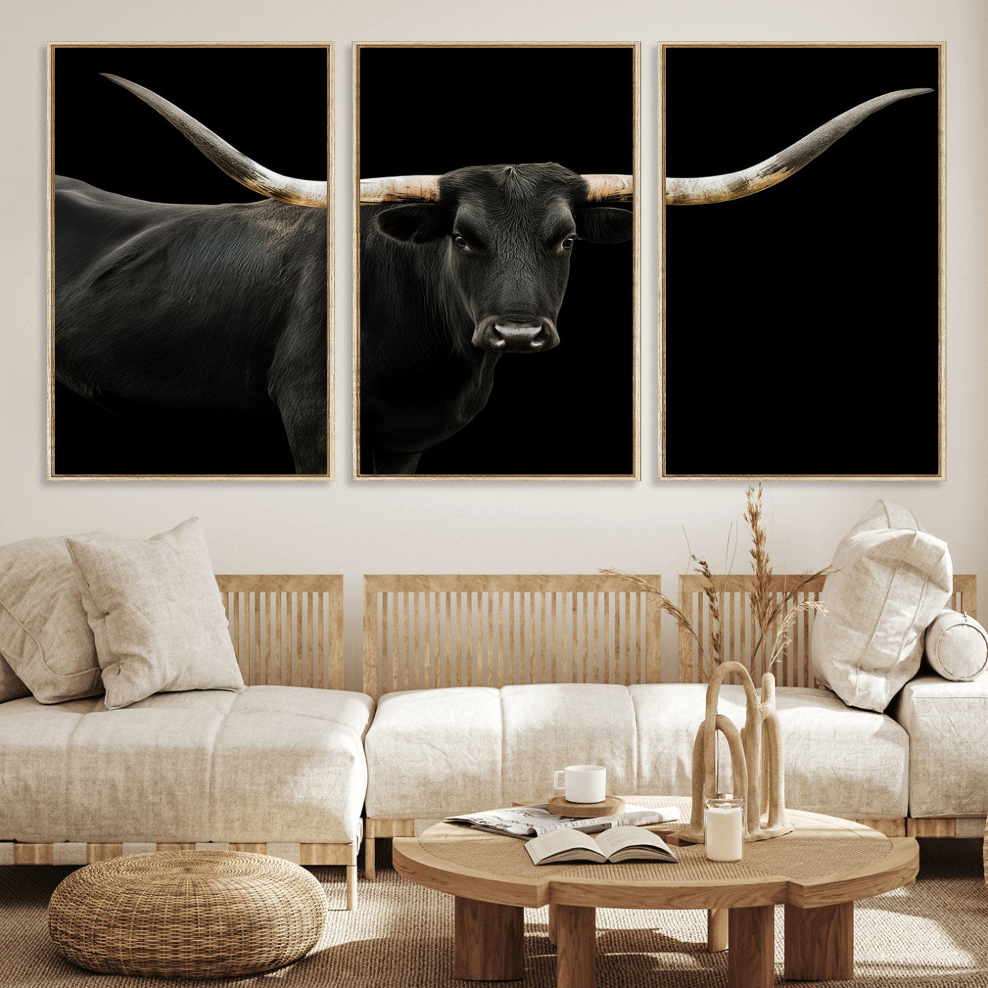 MGV-FC-60X30-3P - Texas Longhorn Wall Art Canvas Print, Framed Rustic Western Art Picture Print, Farmhouse Animal Perfect Modern Western Minimalist Decor Artwork