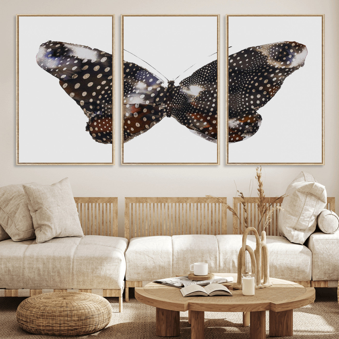 MGV-FC-60X30-3P - Spotted Butterfly Wall Art Canvas Print, Framed Neutral Insect Theme Art Picture Print, Earthy Wing Pattern Perfect Modern Rustic Decor Artwork