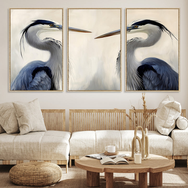 Blue Heron Pair Wall Art Canvas Print, Coastal Bird Theme Print, Framed Tranquil Wildlife Scene Art Print, Large Nature Inspired Decor Printing