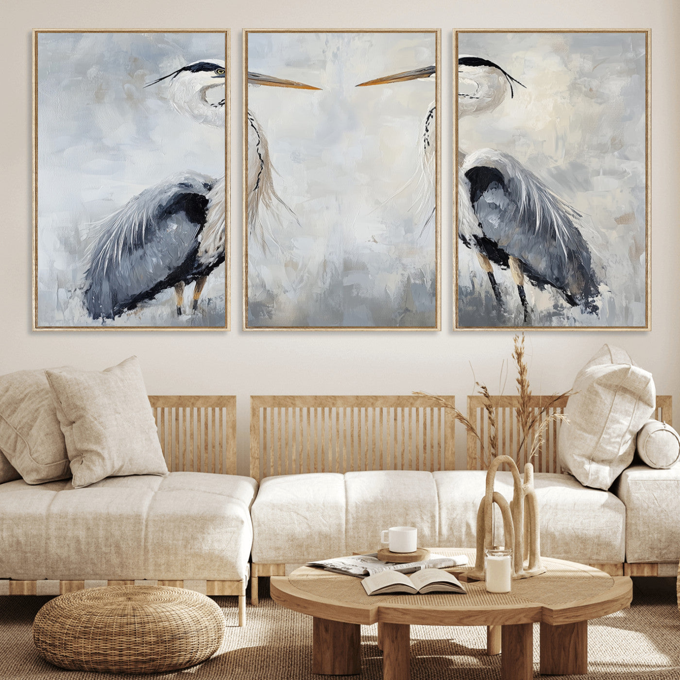 MGV-FC-60X30-3P - Heron Wall Art Wall Art Canvas Print, Framed Bird Canvas Decor Art Picture Print, Nature Inspired Perfect Coastal Minimalist Decor Artwork