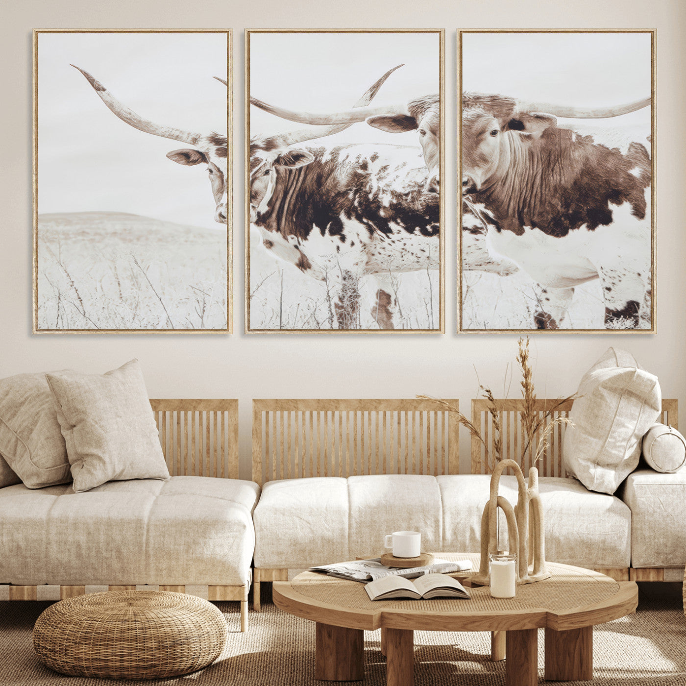 MGV-FC-60X30-3P - Longhorn Wall Art Wall Art Canvas Print, Framed Western Cow Canvas Art Picture Print, Rustic Farm Decor Perfect Rustic Farmhouse Decor Artwork