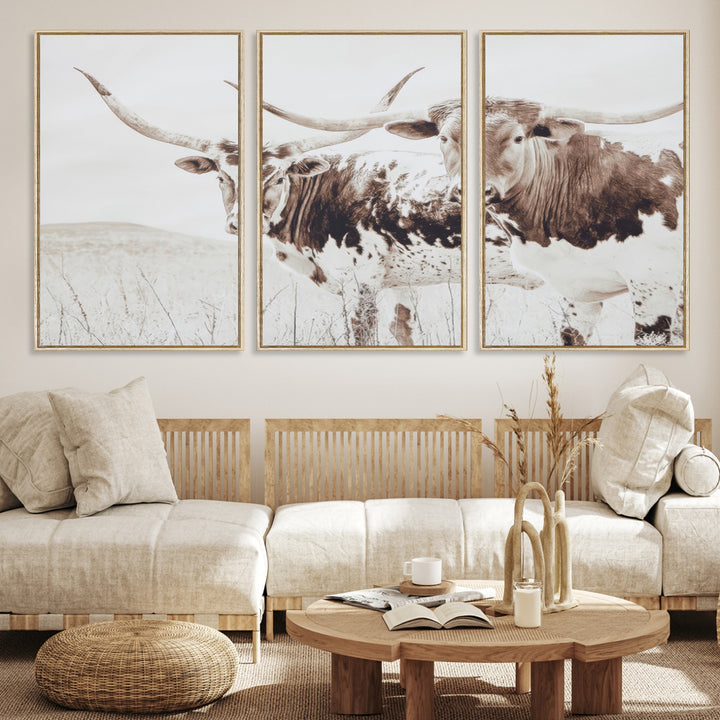 Longhorn Wall Art Wall Art Canvas Print, Western Cow Canvas Print, Framed Rustic Farm Decor Art Print, Large Neutral Animal Scene Printing
