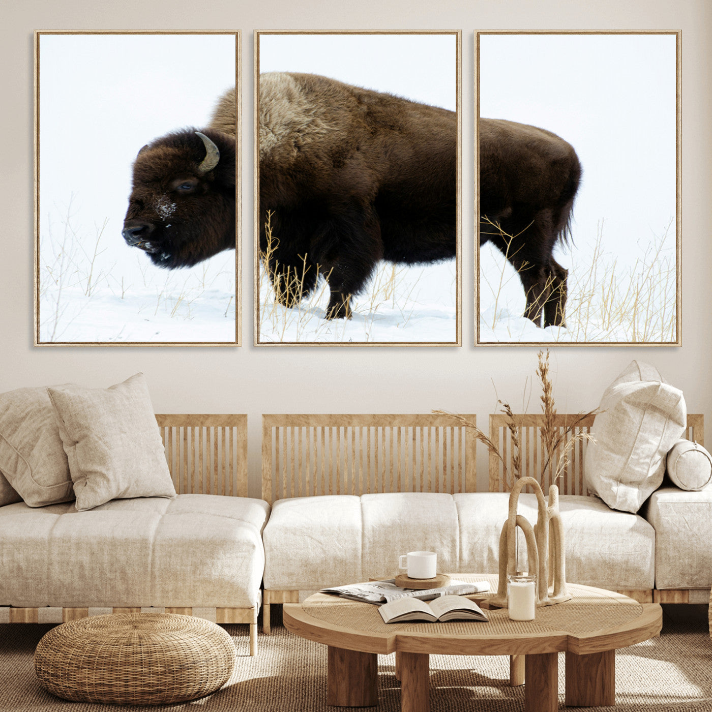 MGV-FC-60X30-3P - Bison Photography Wall Art Canvas Print, Framed Western Wildlife Art Picture Print, Buffalo On Snow Perfect Western Decor Artwork
