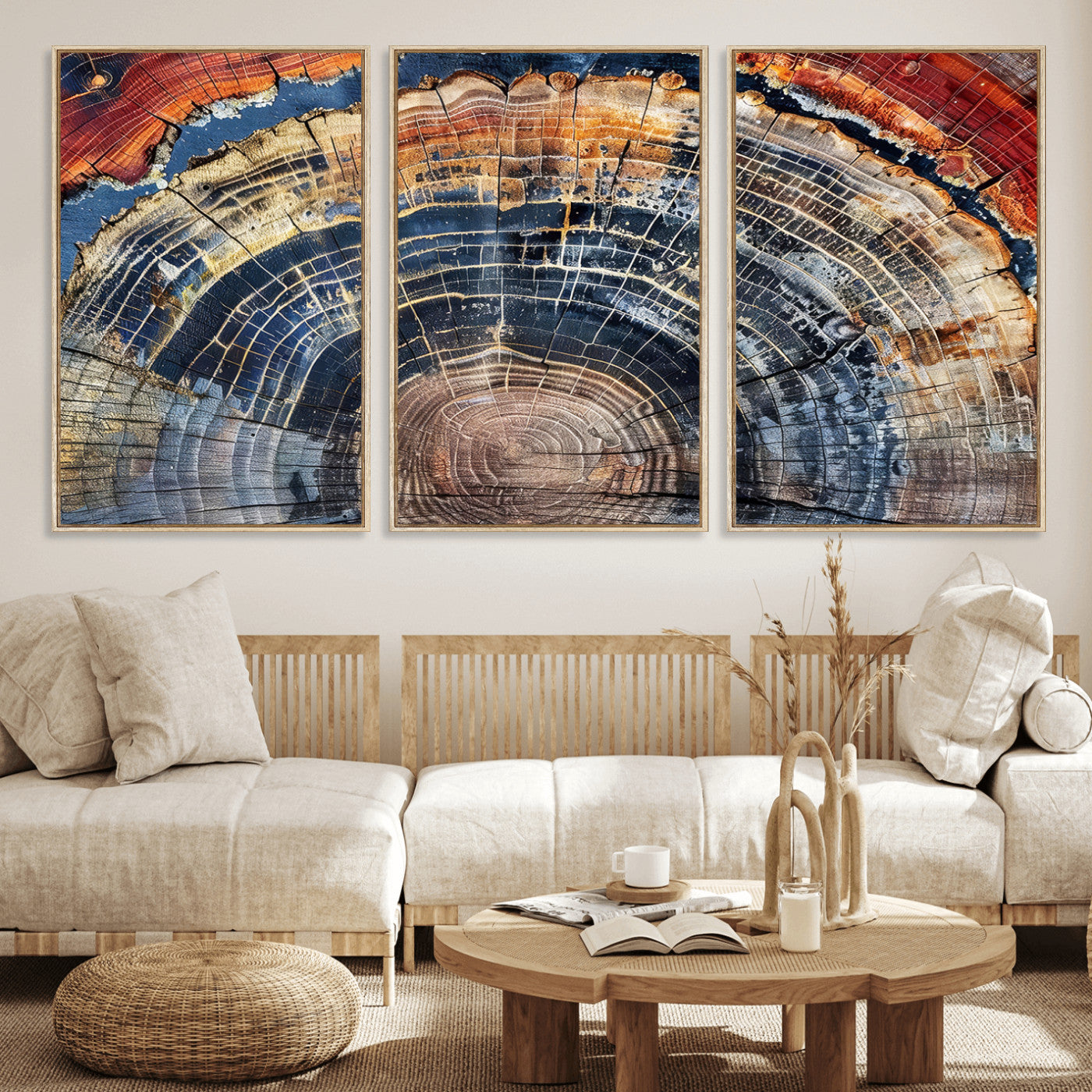 60292921-MGV-FC-60X30-3P - Vintage Tree Rings Wall Art Canvas Print – Framed Wood Art Picture Petrified Wood Artwork for Home, Office, Living Room