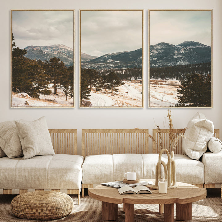 Mountain Landscape Wall Art Canvas Print, Framed Snowy Peaks Art Picture Print, Alpine Aesthetic Perfect Rustic Winter Decor Artwork