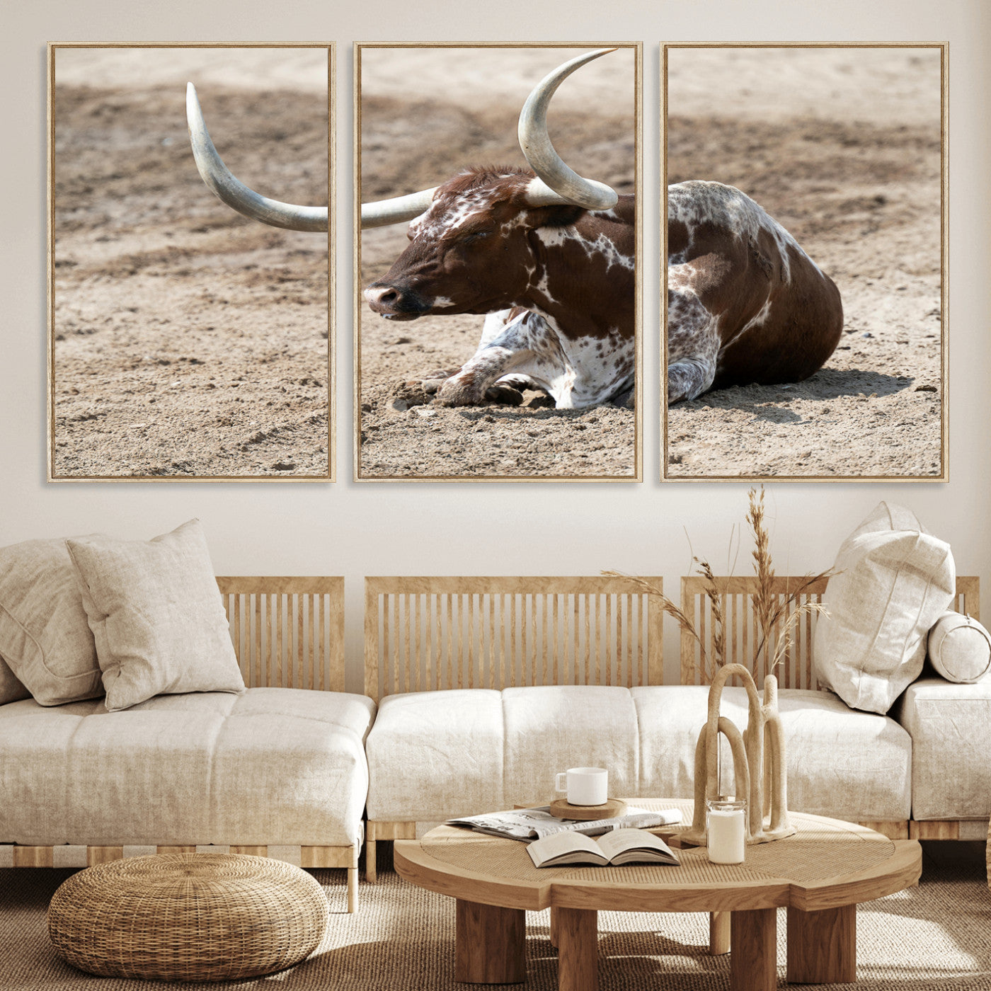 76549210-MGV-FC-60X30-3P_Natural-Texas Longhorn Wall Art Canvas Print, Framed Country Living Art Picture Print, Farmhouse Perfect