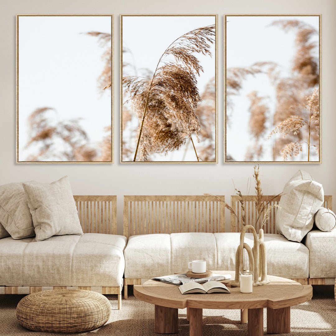 Pampas Grass Wall Art Canvas Print, Framed Neutral Tones Art Picture Print, Minimalist Nature Perfect Boho Decor Artwork