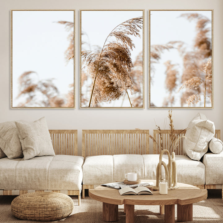 Pampas Grass Wall Art Canvas Print, Framed Neutral Tones Art Picture Print, Minimalist Nature Perfect Boho Decor Artwork