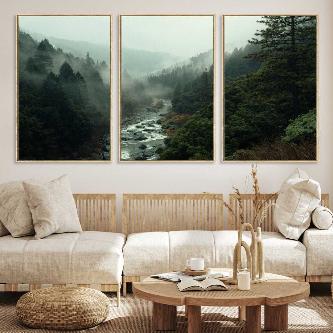 Misty Forest Wall Art Canvas Print, Framed Foggy River Art Picture Print, Moody Landscape Perfect Wilderness Decor Artwork