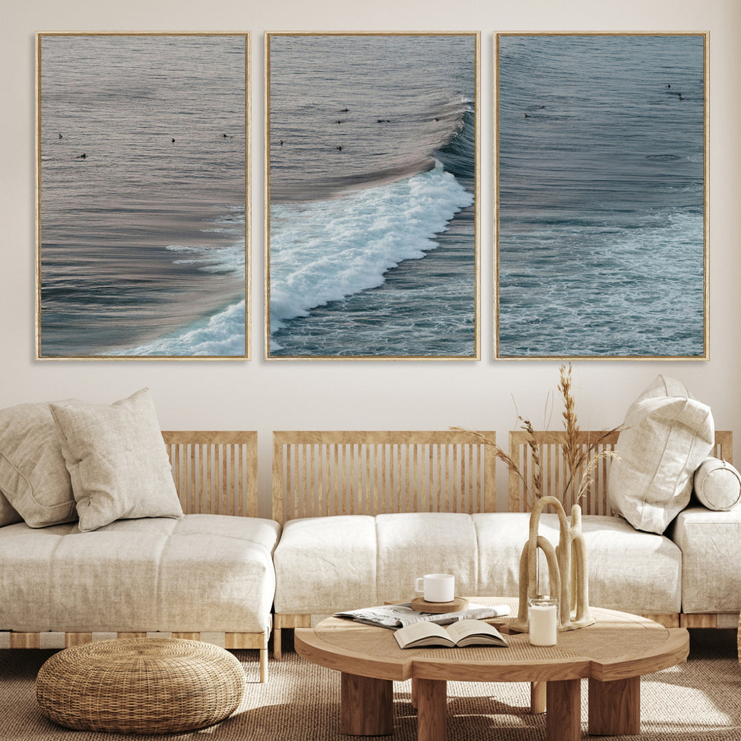 Ocean Waves Wall Art Canvas Print, Framed Coastal Serenity Art Picture Print, Surf Perfect Coastal Decor Artwork