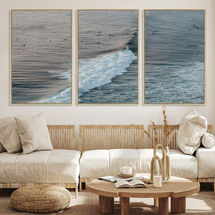 Ocean Waves Wall Art Canvas Print, Framed Coastal Serenity Art Picture Print, Surf Perfect Coastal Decor Artwork