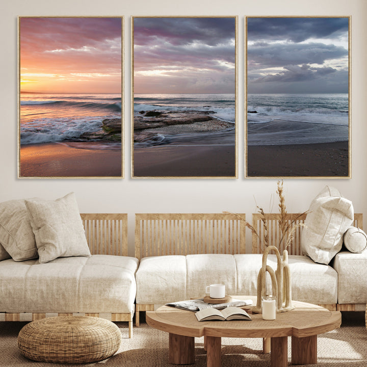 Golden Hour Wall Art Canvas Print, Framed Tranquil Waves Art Picture Print, Beach Perfect Coastal Serenity Decor Artwork