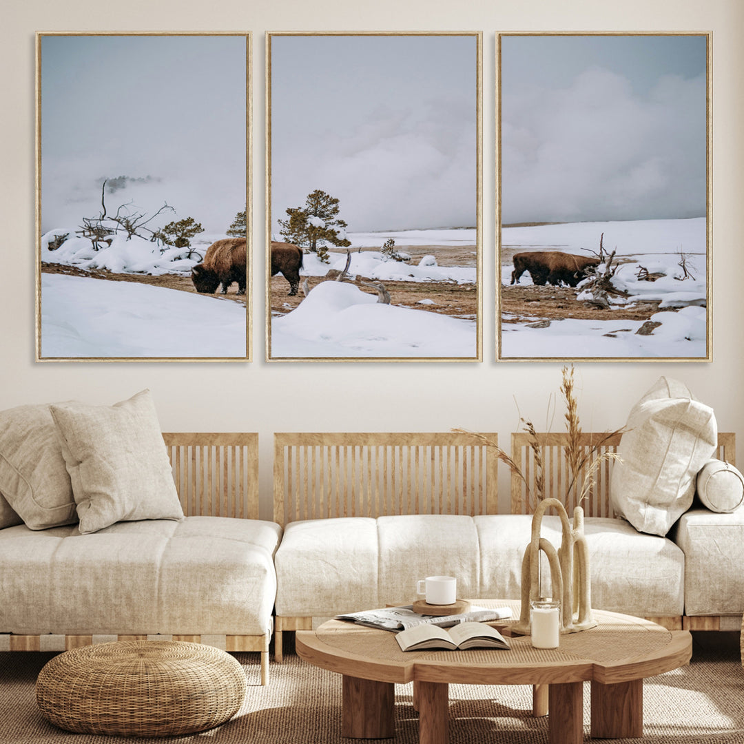 Bison Wildlife Wall Art Canvas Print, Framed Snowy Prairie Art Picture Print, Western Perfect Rustic Decor Artwork