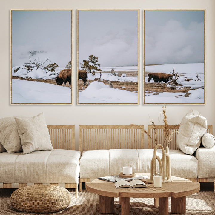 Bison Wildlife Wall Art Canvas Print, Framed Snowy Prairie Art Picture Print, Western Perfect Rustic Decor Artwork