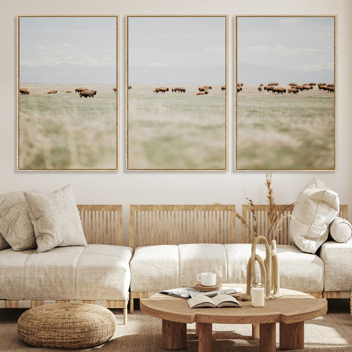 Bison Herd Wall Art Canvas Print, Framed Western Art Picture Print, Bison Perfect Ranch Decor Artwork