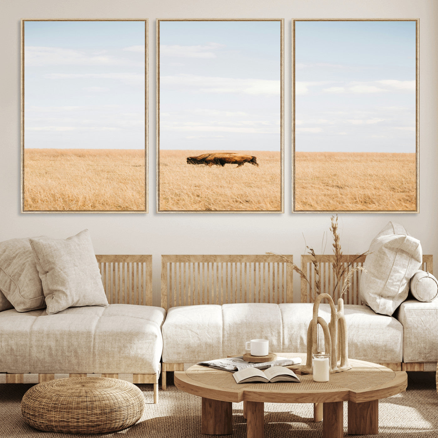 MGV-FC-60X30-3P - Minimalist Nature Wall Art Canvas Print, Framed Bison In Grassland Art Picture Print, Open Field Perfect Modern Ranch Decor Decor Artwork