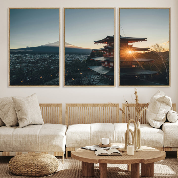Chureito Pagoda at sunset with Mount Fuji in the background, city lights below, and golden sun rays, ideal for Japanese-inspired wall art.