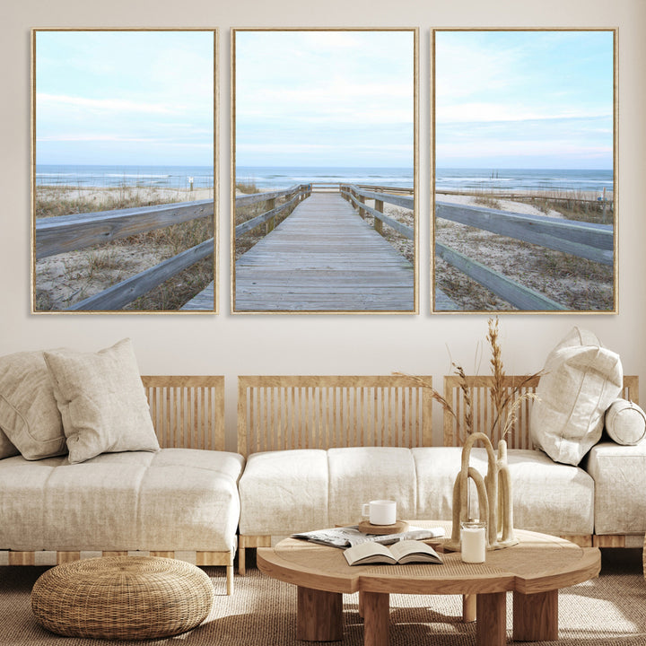 Beach Boardwalk Wall Art Canvas Print, Framed Coastal Serenity Art Picture Print, Ocean View Perfect Coastal Decor Artwork