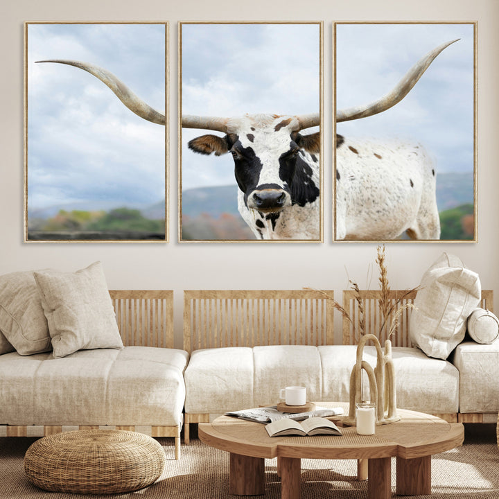 Texas Longhorn Wall Art Canvas Print, Framed Western Rustic Art Picture Print, Farmhouse Decor Perfect Farmhouse Decor Artwork