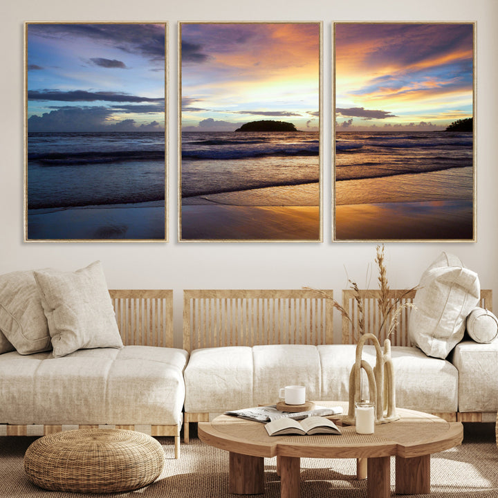 A tropical beach at sunset with waves gently washing ashore, reflecting golden and purple hues in the sky, creating a tranquil coastal scene.