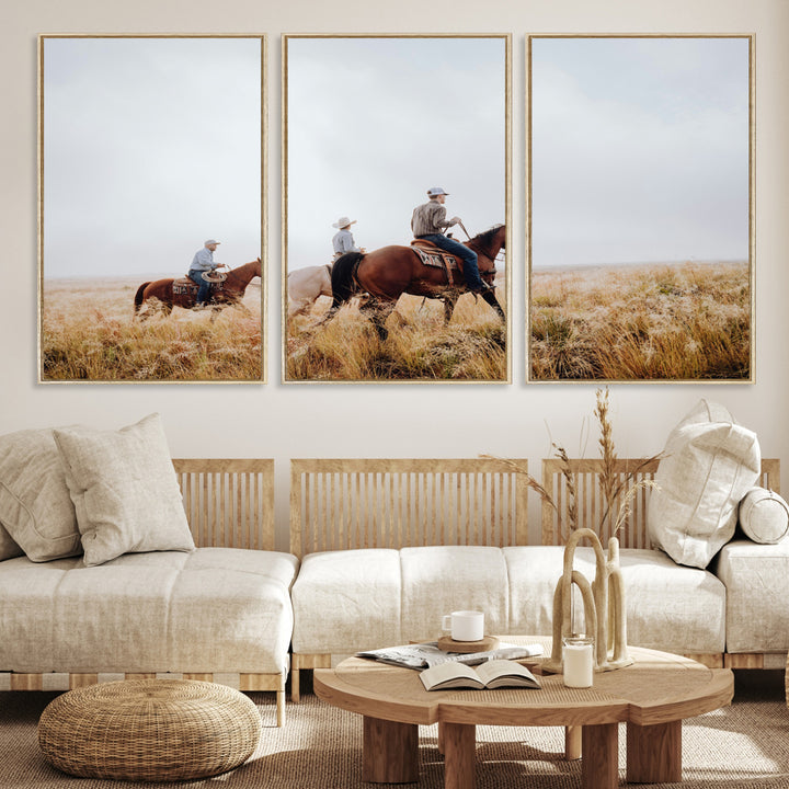 Three cowboys riding horses through a foggy prairie landscape, dressed in Western attire, evoking a rustic and adventurous Wild West aesthetic.