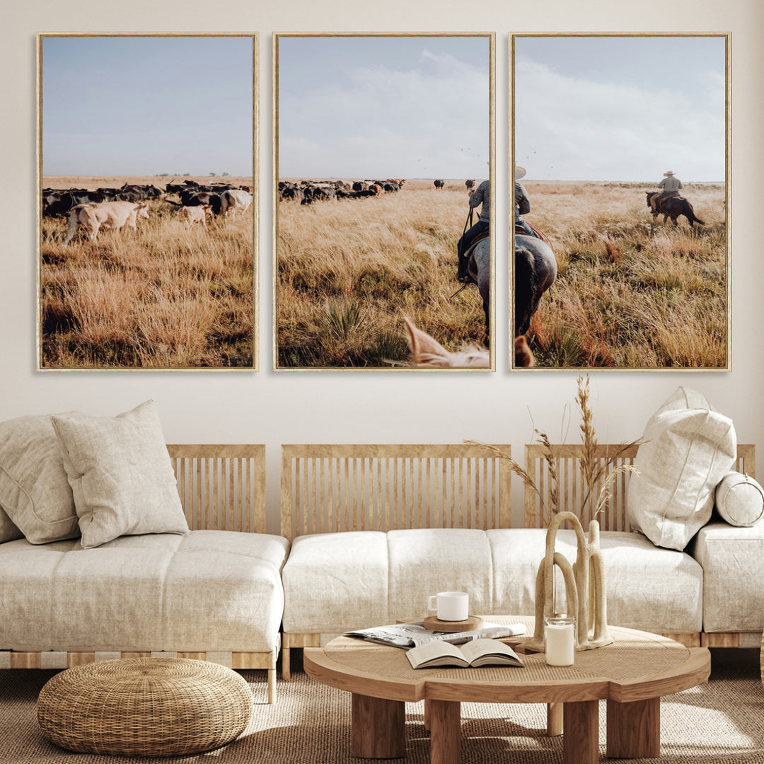A cowboy and cowgirl on horseback herding cattle through golden grasslands, capturing a rustic and authentic Western ranch lifestyle.