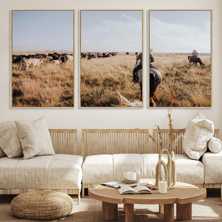 A cowboy and cowgirl on horseback herding cattle through golden grasslands, capturing a rustic and authentic Western ranch lifestyle.